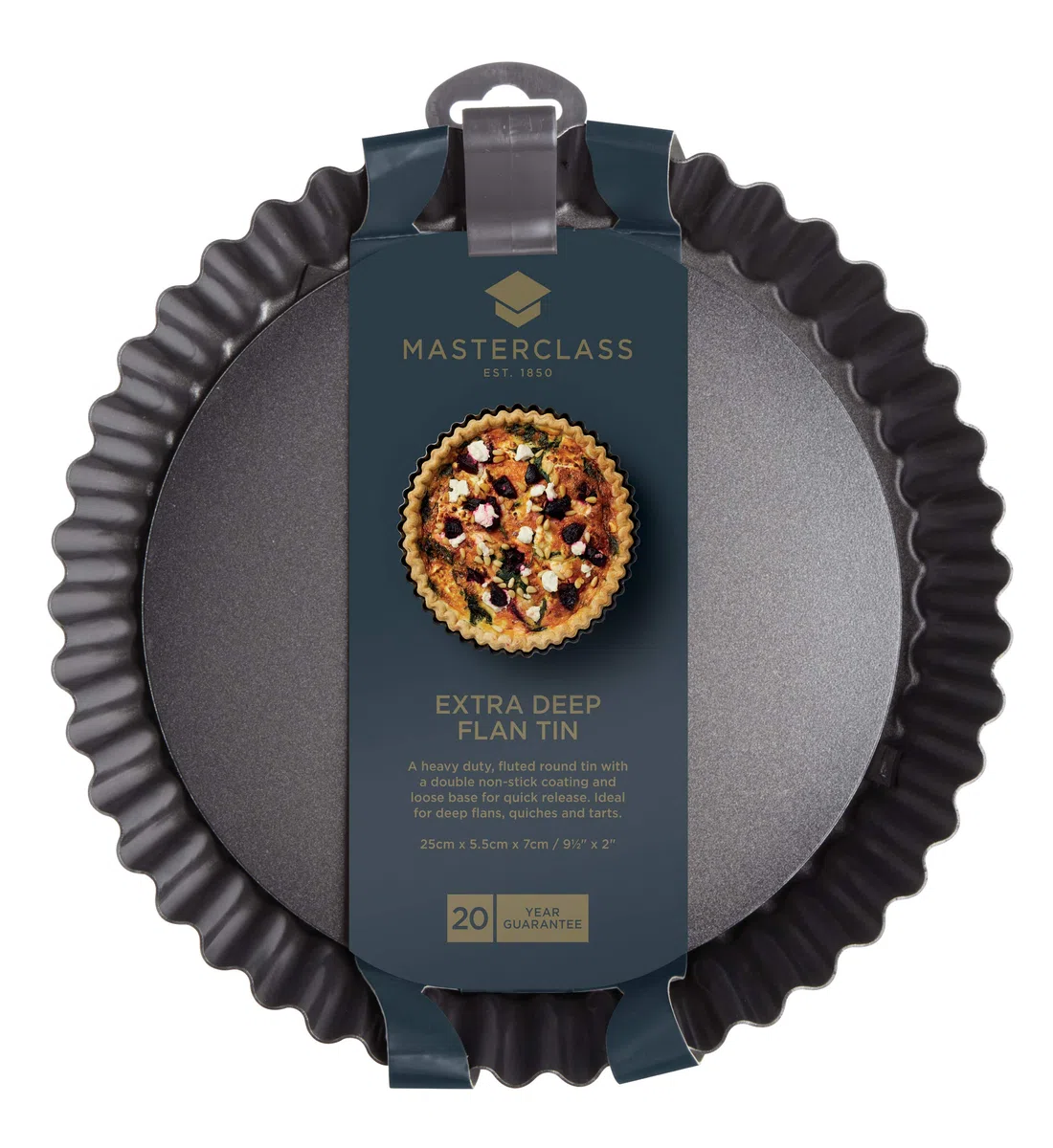 MasterClass Teglia per crostate extra profonda con fondo sciolto e antiaderente senza PTFE, PFOA e BPA, robusto acciaio al carbonio da 1 mm, 25 x 5,5 cm