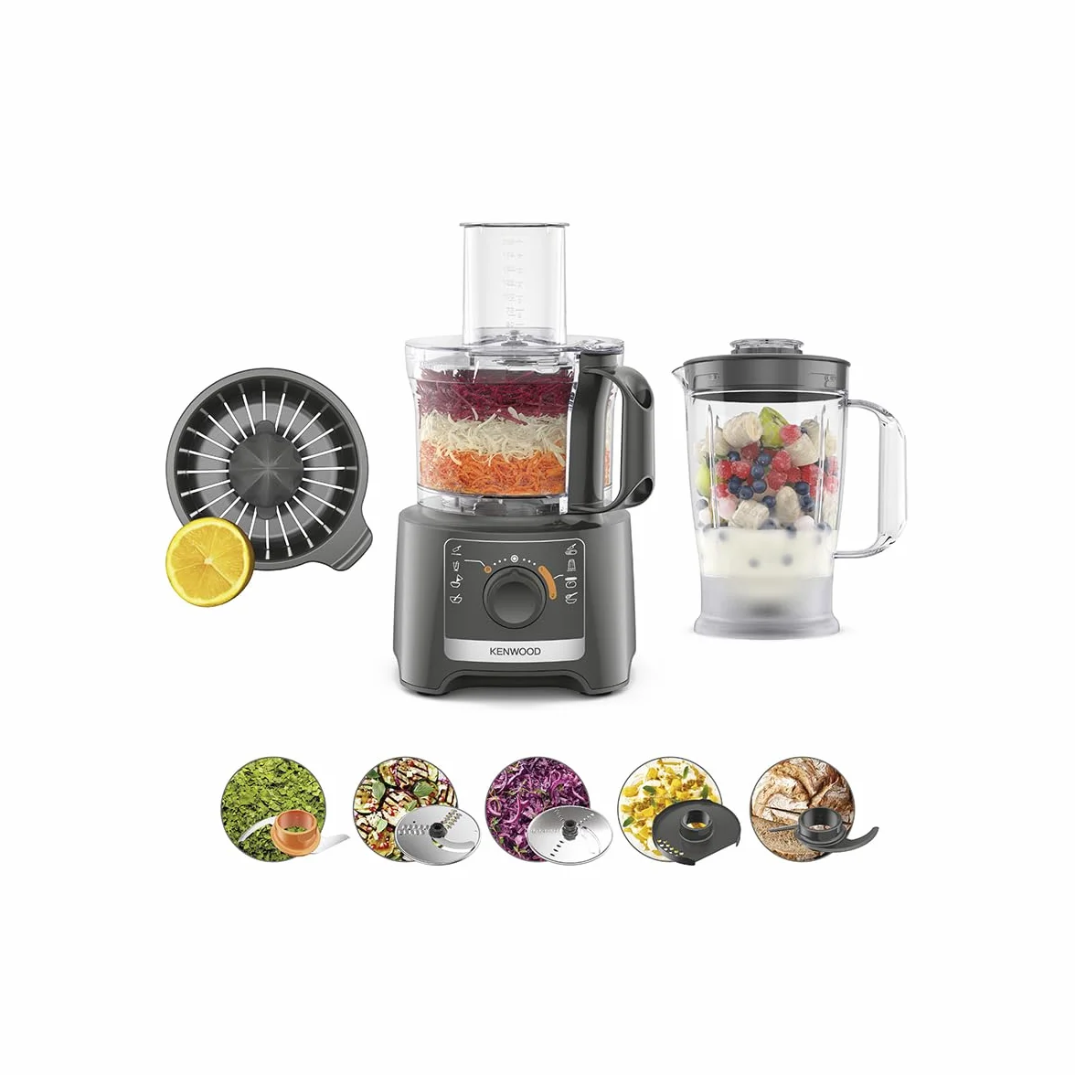Kenwood MultiPro Compact FDP31.360GY, Robot da Cucina Multifunzione con Lama per Frullare, Disco per Impastare e Affettare, Spremiagrumi, Frullatore 1.2L, 2 Velocità+Pulse, Ciotola 2.1L, 800W, Grigio