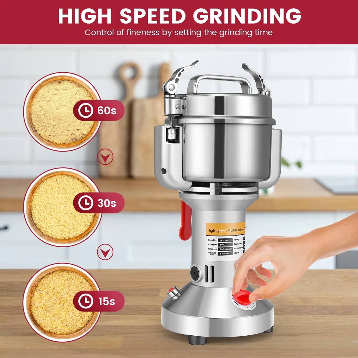 Mulino per Cereali 500g, Trita Pietre ad Alta Velocità 220V, Portable Grinder Elettrico per Farina di Erbe con 3 Lame, per Erbe/Spezie/Noci/Cereali Casa con Protezione da Sovraccarico