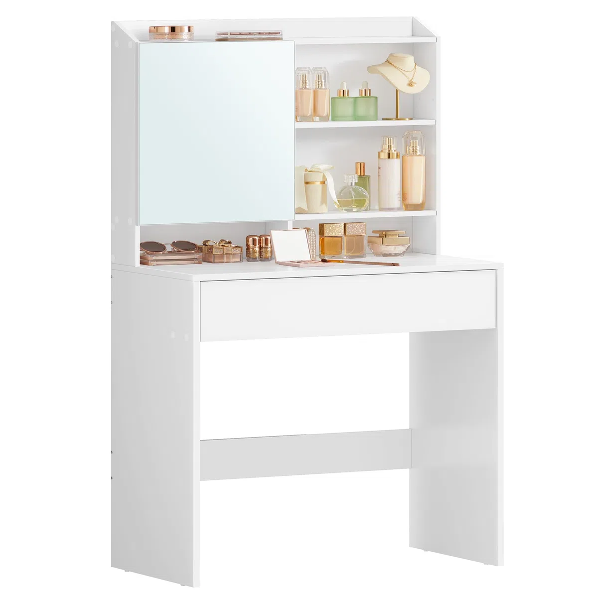 VASAGLE KAILYN Collezione - Toeletta Trucco, Postazione Trucco con Specchio e un Cassetto, Ripiani Regolabili, Moderno, 40 x 70 x 135 cm, Bianco Nuvola RDT118W01