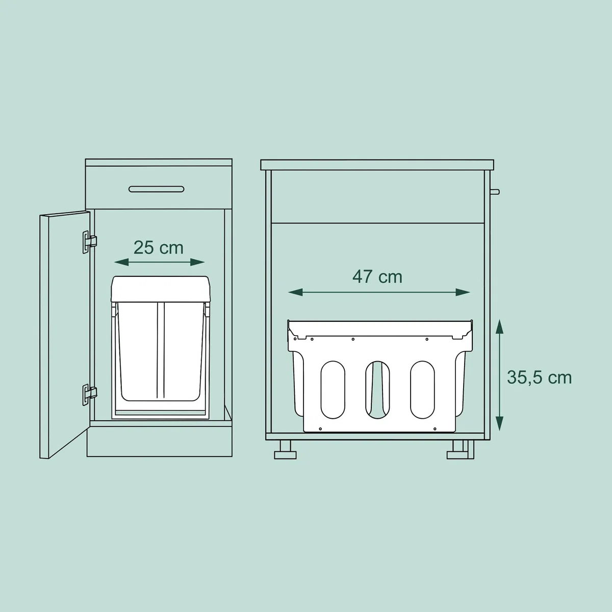 Relaxdays Pattumiera a Incasso Cucina, Estraibile, Doppio Contenitore Ciascuno 8 l, Plastica HLP 35,5x25x47 cm, Grigio