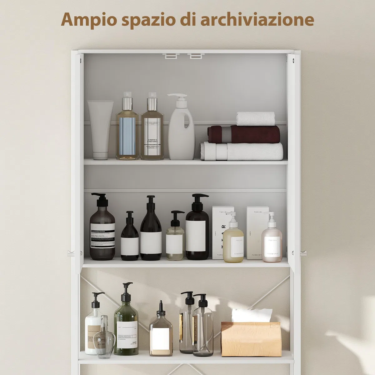 HOMCOM Mobile Bagno Sopra WC con Armadietto e Ripiano Aperto, Mobile Sopra Lavatrice Salvaspazio con Gambe in Metallo, per Bagno e Lavanderia, 64x20x180 cm, Bianco