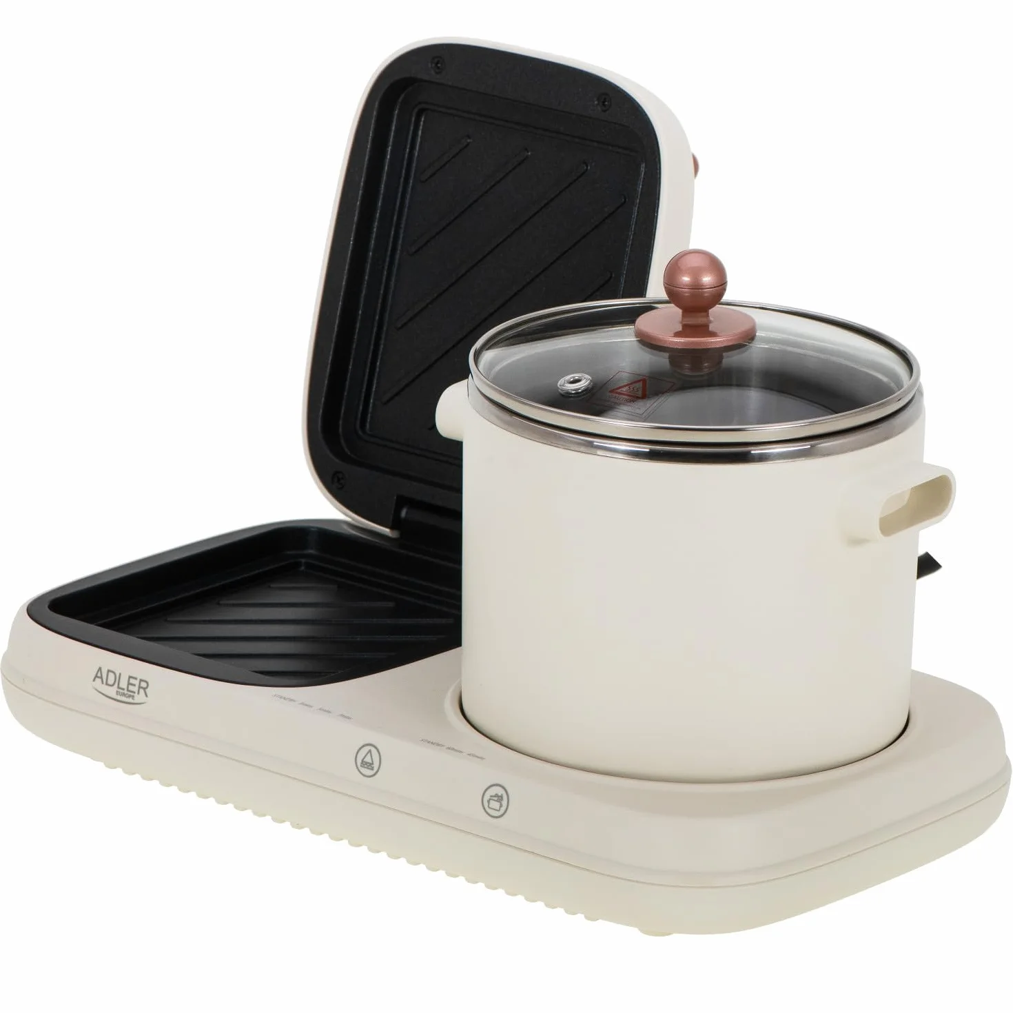 ADLER EUROPE AD 6421 Stazione di colazione 2 in 1 con pentola da 1,0 L e superficie antiaderente per griglia | Design retrò | per piccole cucine | Multifunzionale 1100-1320 W