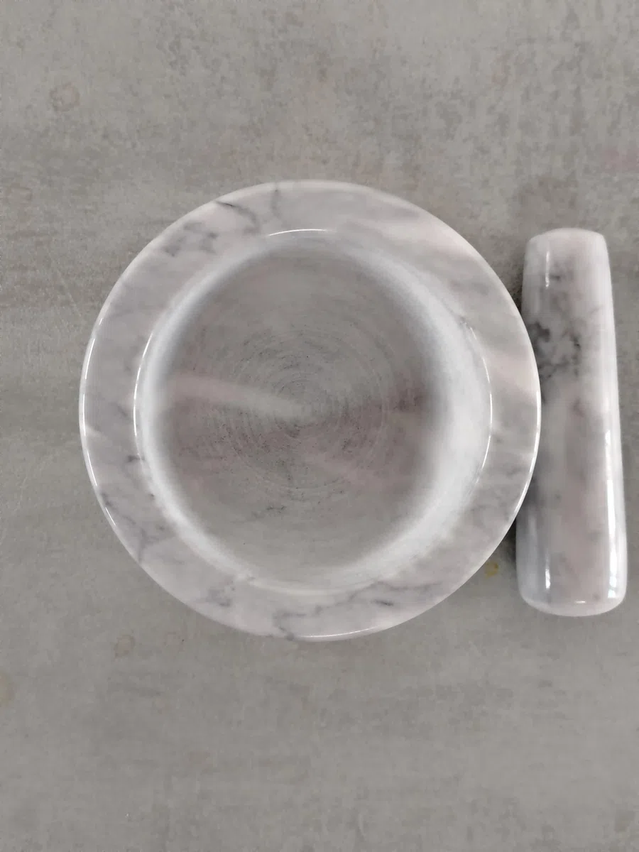 Mortaio in Marmo con Pestello 13 cm Utensile Cucina, Bianco/Grigio