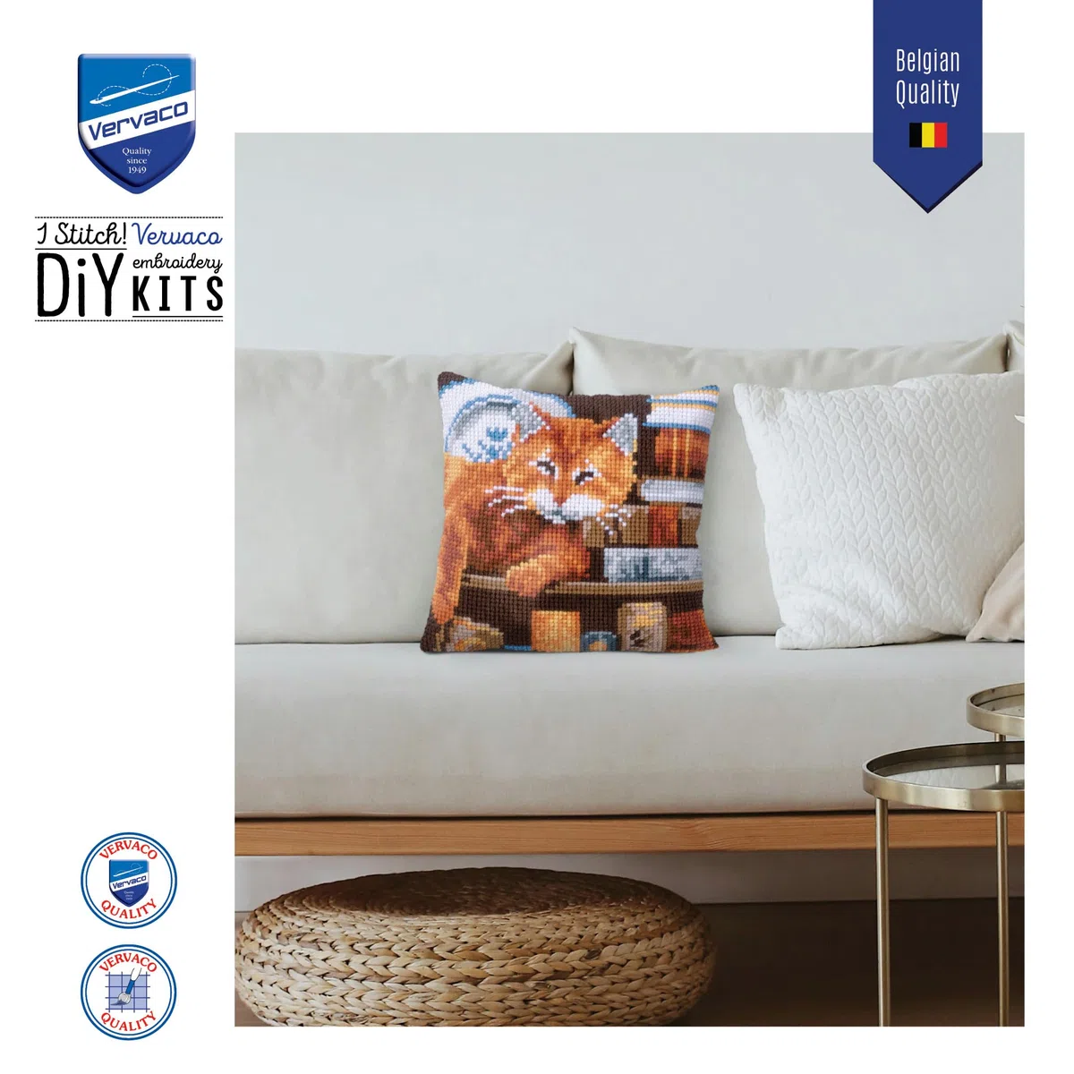 VERVACO Kit Cuscino Punto Croce Gatto E Libri Set Ricamo Principianti Cuscini Gobelin Decorativi ca. 40 x 40 cm Accessori per Lavoretti Creativi DIY Casa Decor Hobby Adulti Cross Stitch
