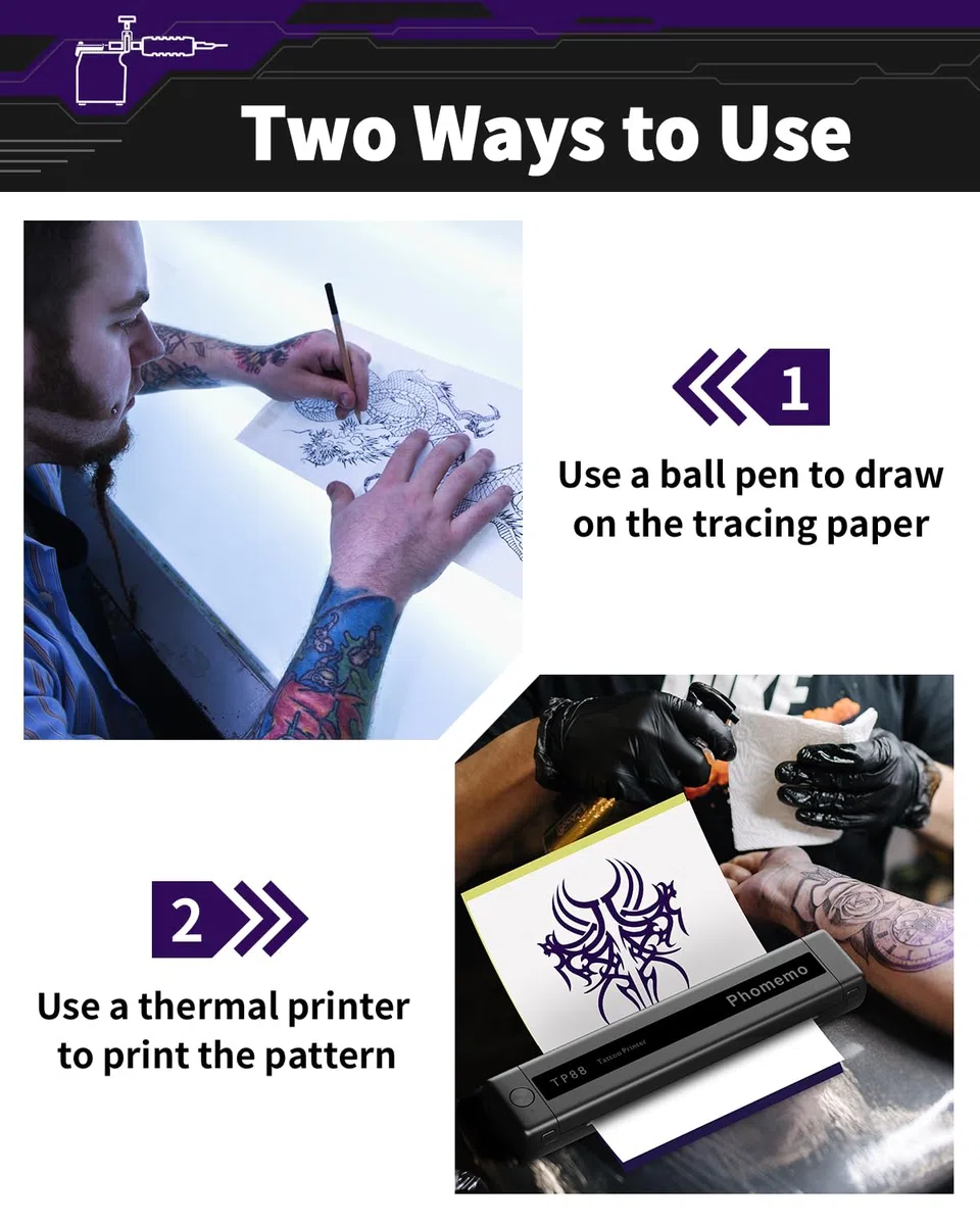 Phomemo Trasferimento Stencil,Tattoo Stencil Paper,100 Fogli Carta per Tatuaggi,Trasferimento di Tatuaggi A4 Tattoo Transfer Papier Compatible with M08F TP81 TP83 TP88 Stampante per Tatuaggi