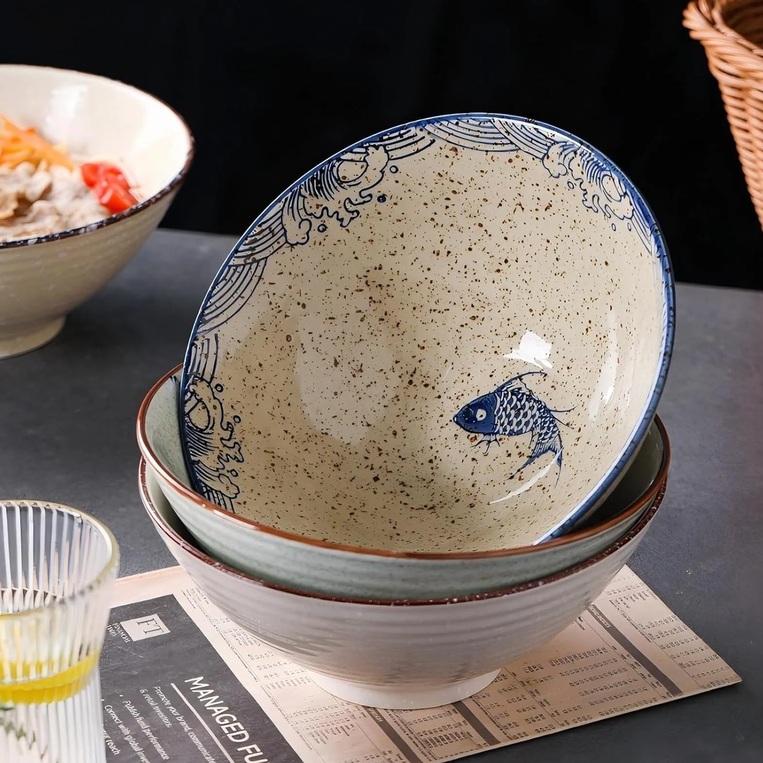 2 Set Ciotola per Ramen in Ceramica 1200 ml, Set di Ciotole per Ramen 1200 ml, Grande Ciotola Zuppa Noodles Giapponese, con Bacchette e Cucchiaio, per Zuppa di Ramen, Pasta, Macedonia, Riso