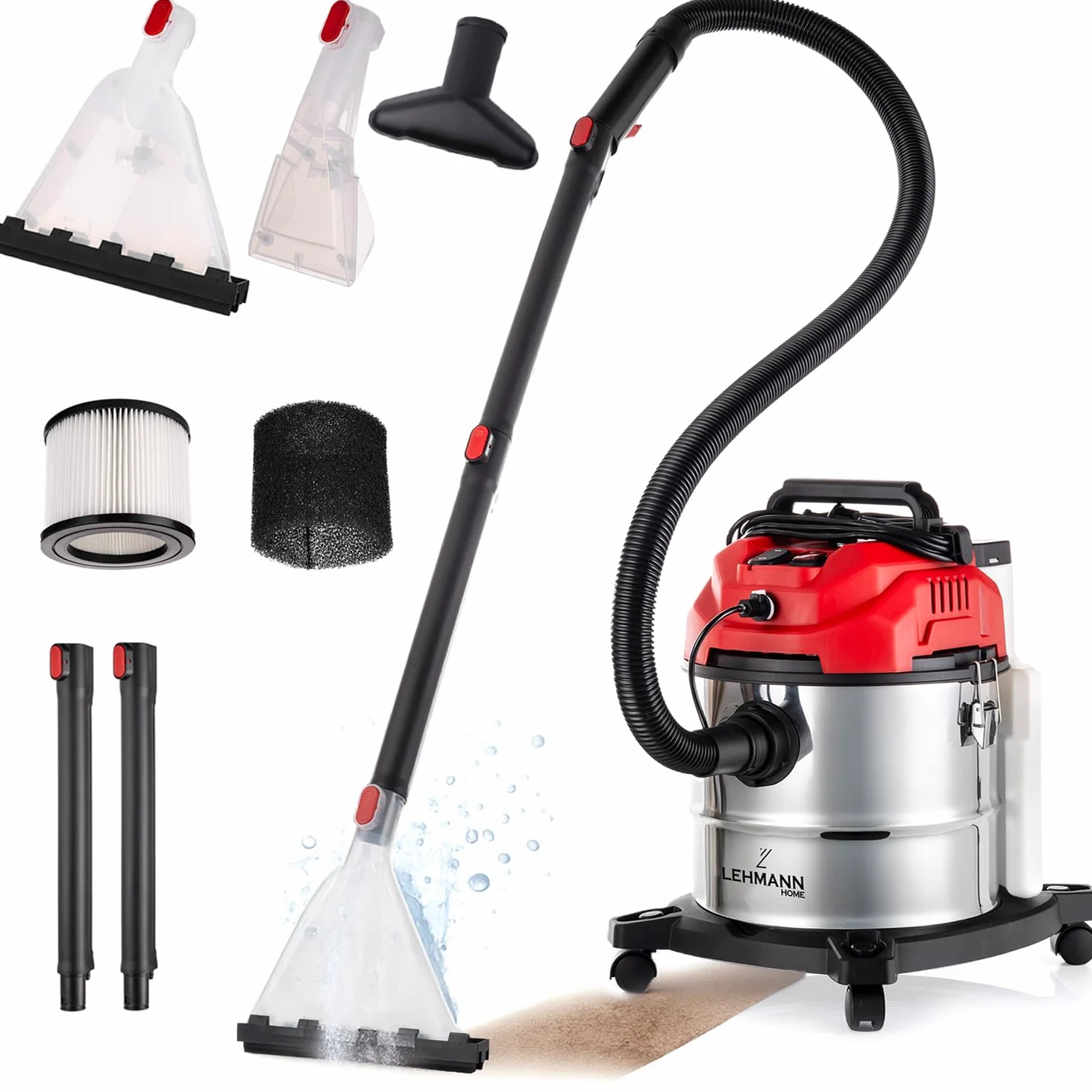 LEHMANN Lavatappeti con Contenitore da 20 L – 1600 W – Aspirapolvere Lava Tappeti e Divani - Filtro HEPA – Serbatoio detergente da 4,3 l – Pulitore Tappezzeria - Spruzza, Pulisce e Aspira