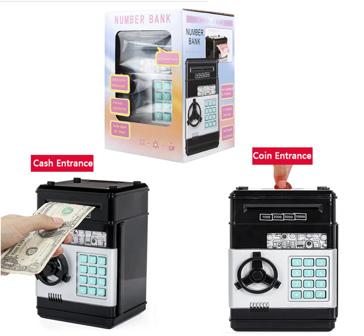 Salvadanaio elettronico per banconote e monete, con inserto automatico, per banconote, cassetta di sicurezza, password, bancomat, regalo di compleanno per bambini,cartone animato (nero)
