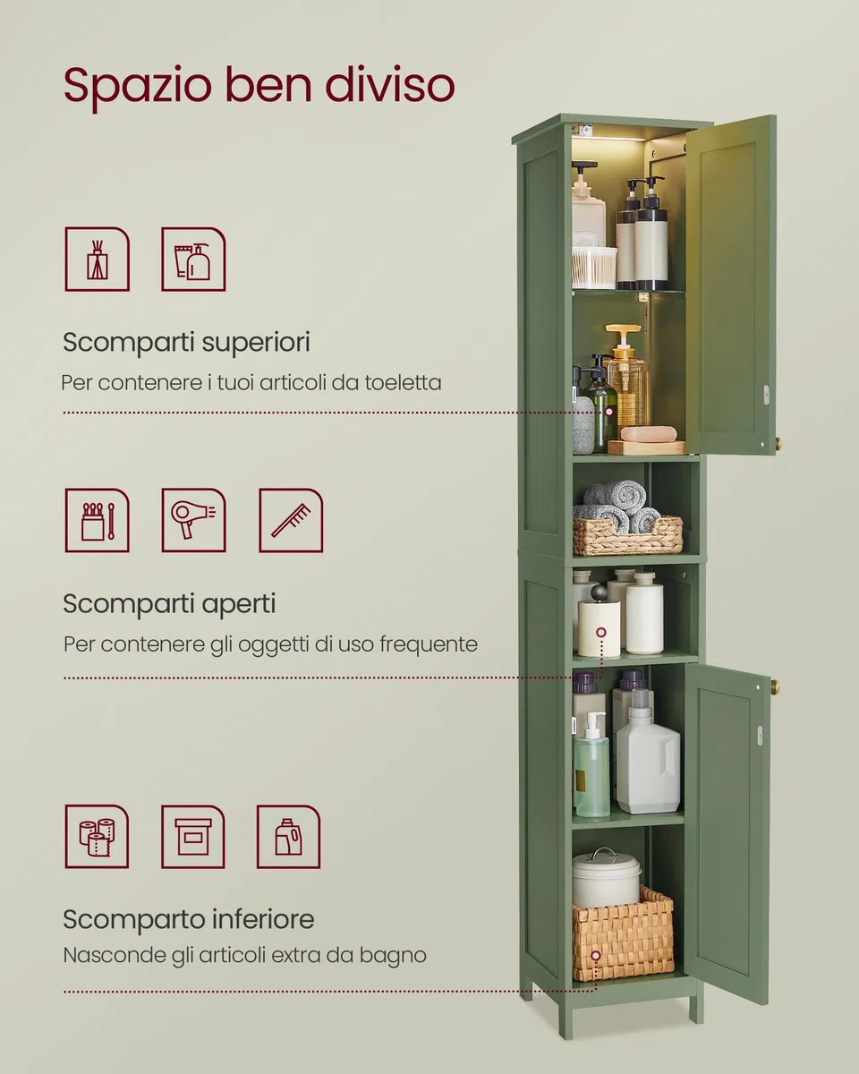 VASAGLE Mobile da Bagno con Luce, Mobiletto da Bagno Salvaspazio, Armadietto da Bagno a Colonna con Ripiani Regolabili, Largo 40 cm, per Piccoli Spazi, Moderno, Verde Foresta BBC766CH03