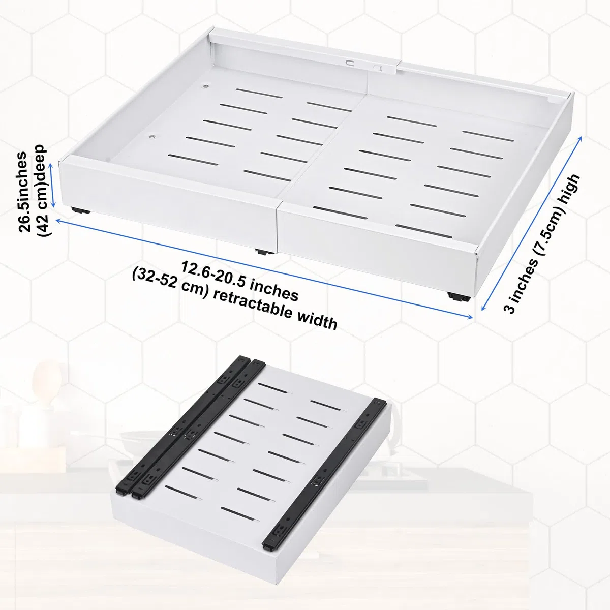 Cassetto Telescopico Portaoggetti da Cucina, Espandibile 32-52 cm, Estraibile, Slide Out Drawers, Non è Necessario Praticare Fori (Bianco)
