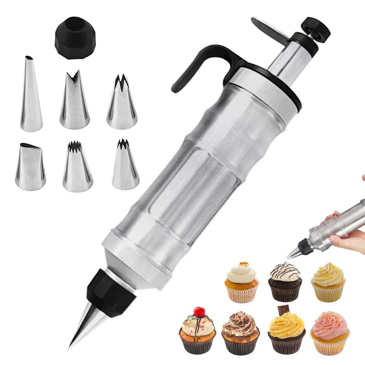 Siringa Professionale in Acciaio Inox per Decorare Torte - Pressa per Dolci Con 6 Beccucci - per Marmellata, Biscotti, Pasticcini - Colore Nero