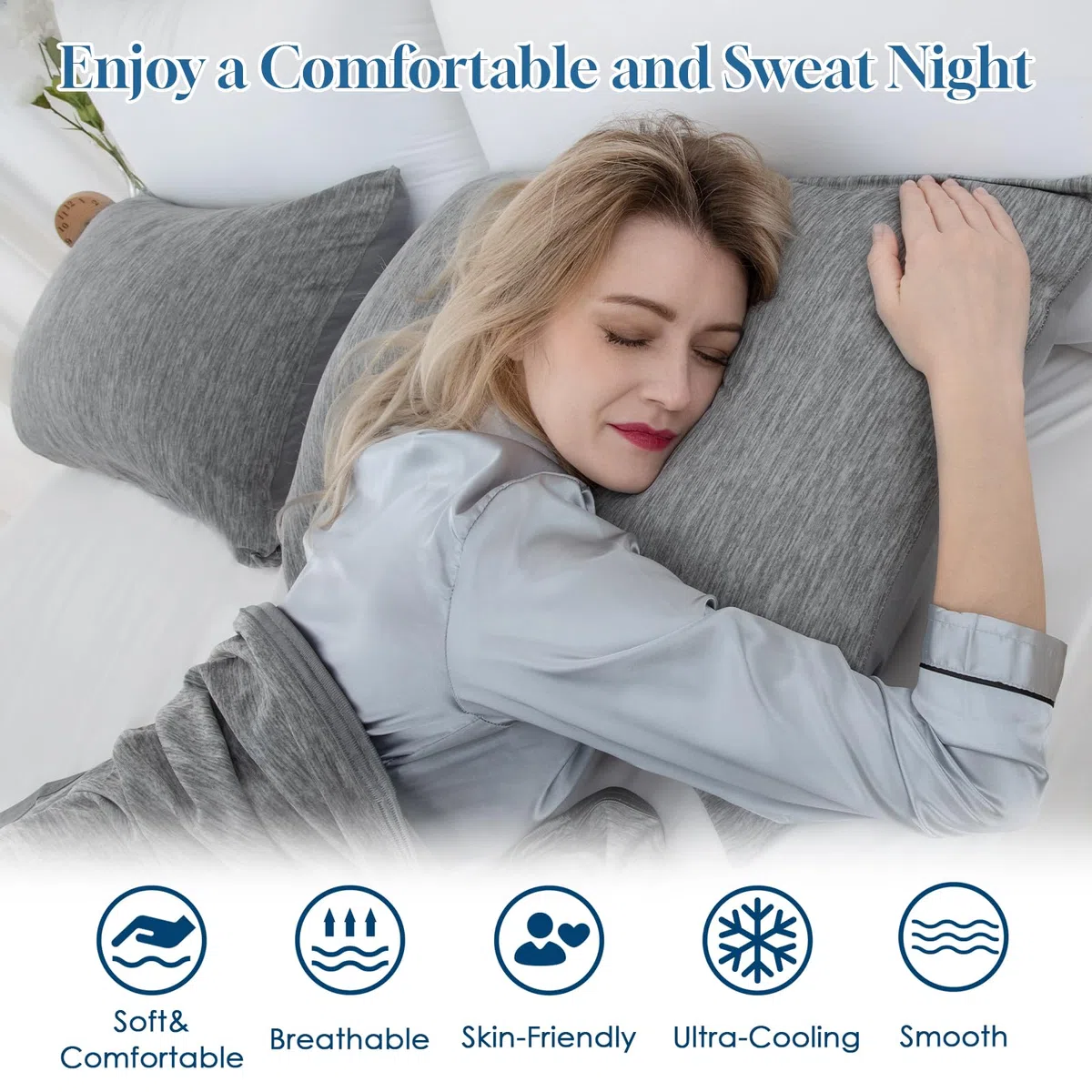 Federa per cuscino rinfrescante con cerniera, Arc-Chill Fibra Fredda Q-Max > 0.45 per chi dorme caldo, morbide, traspiranti, delicate sulla pelle, confezione da 2, Grigio, 50 x 75 cm