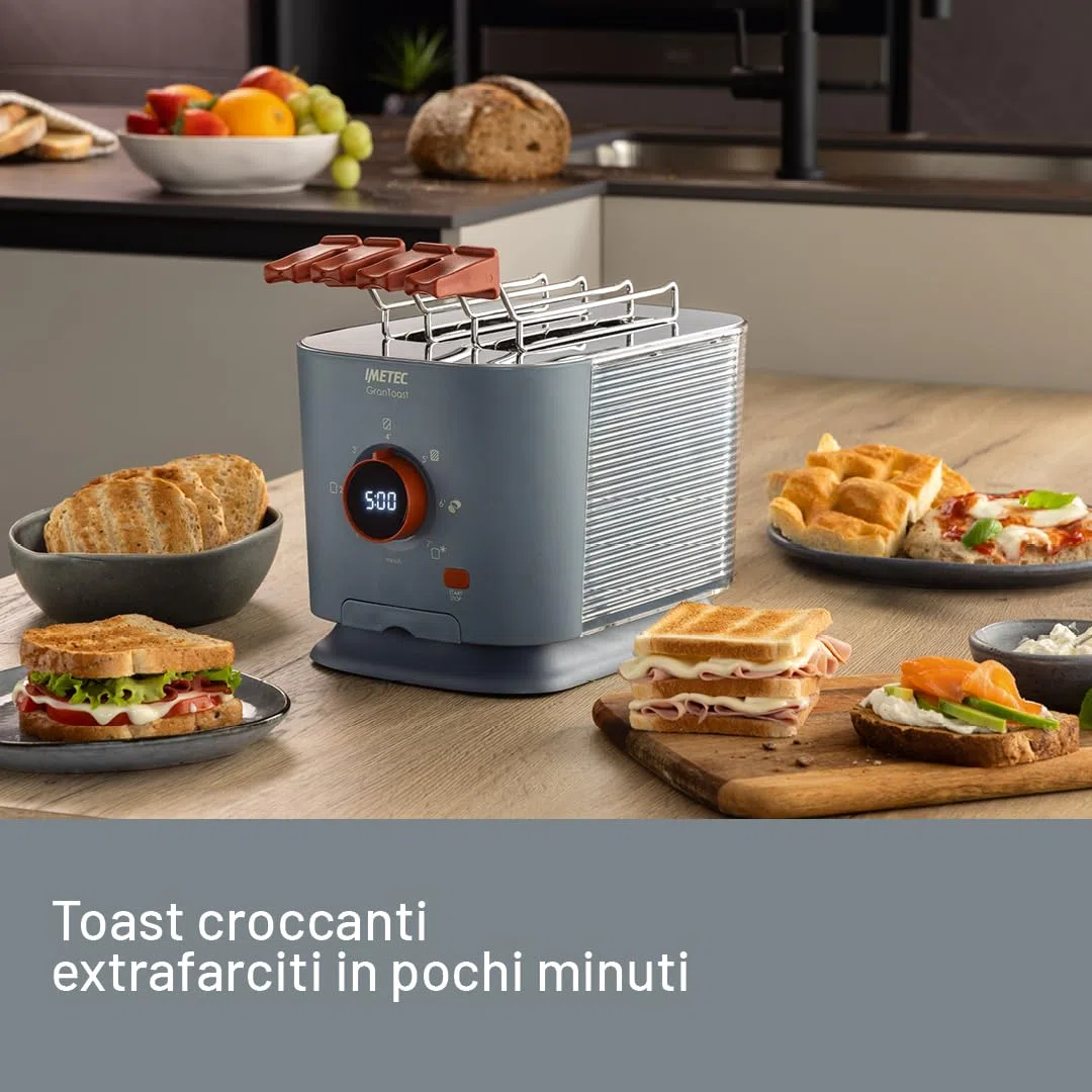 Imetec Grantoast - Tostapane 2 Fette XL con Pinze Apribili per Toast Farciti - 7 Livelli Doratura, Facile Pulizia, Display LED, Griglia Scalda Brioche, Pizzette e Focacce, Timer Digitale, Acciaio Inox
