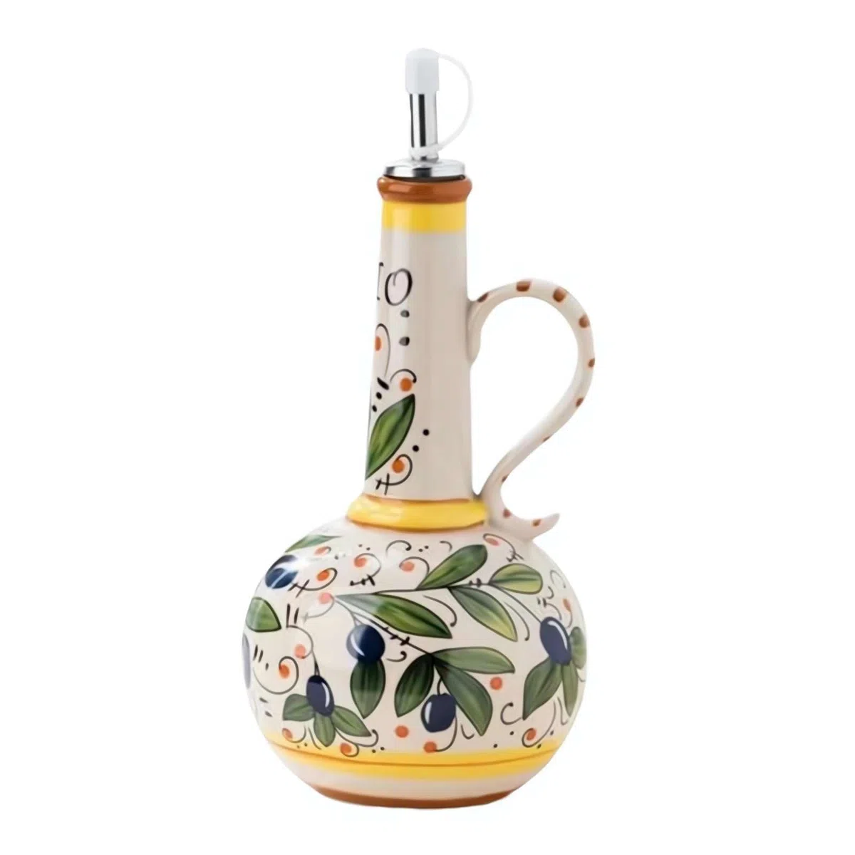 Oliera decorativa in ceramica per olio d'oliva, 500 ml, dipinta a mano, con beccuccio in acciaio inox, per oli, salse, aceto