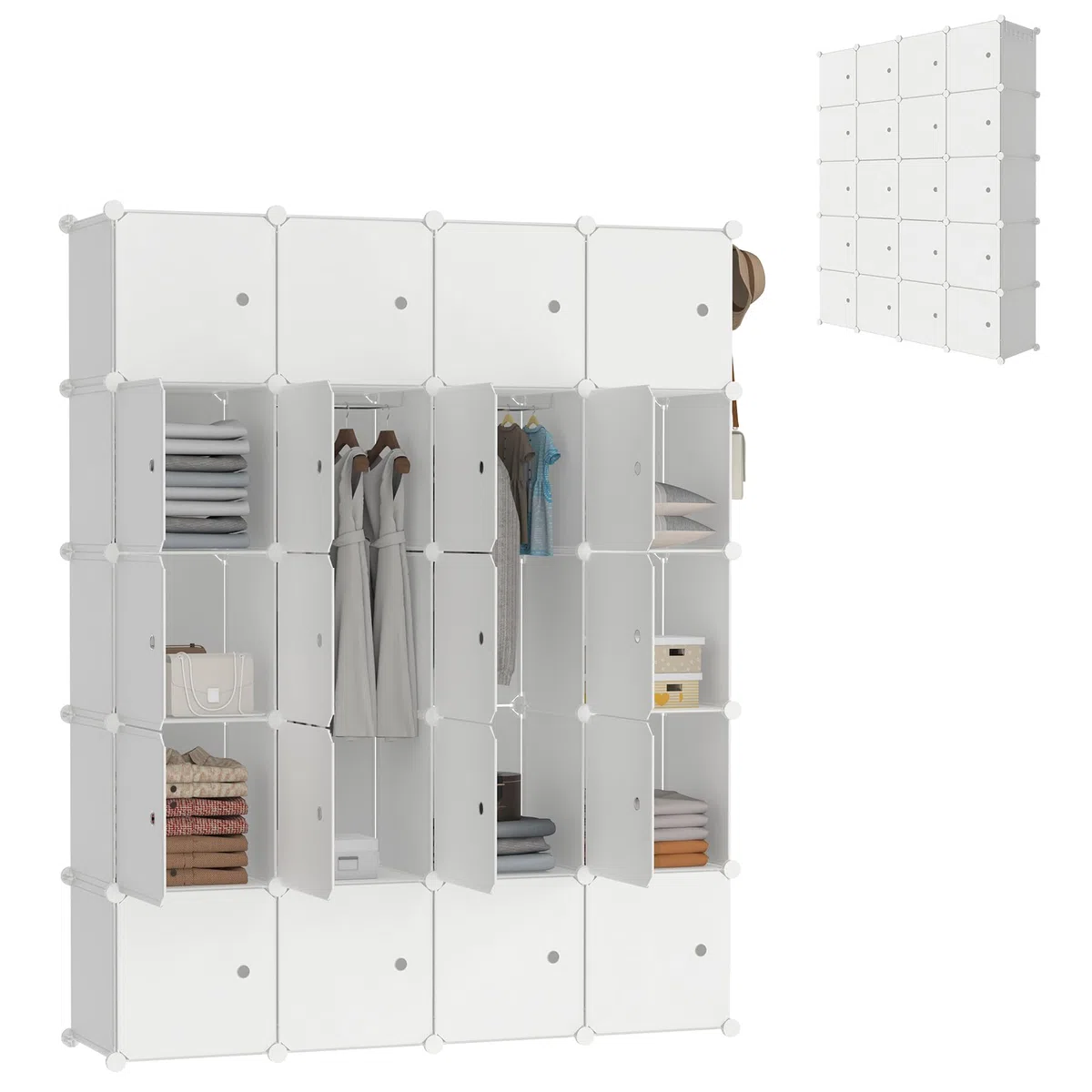 LZQ Armadio multiuso, sistema di scaffalatura fai da te, in plastica, per camera da letto, con porta, con 20 cubi e asta appendiabiti (latte)