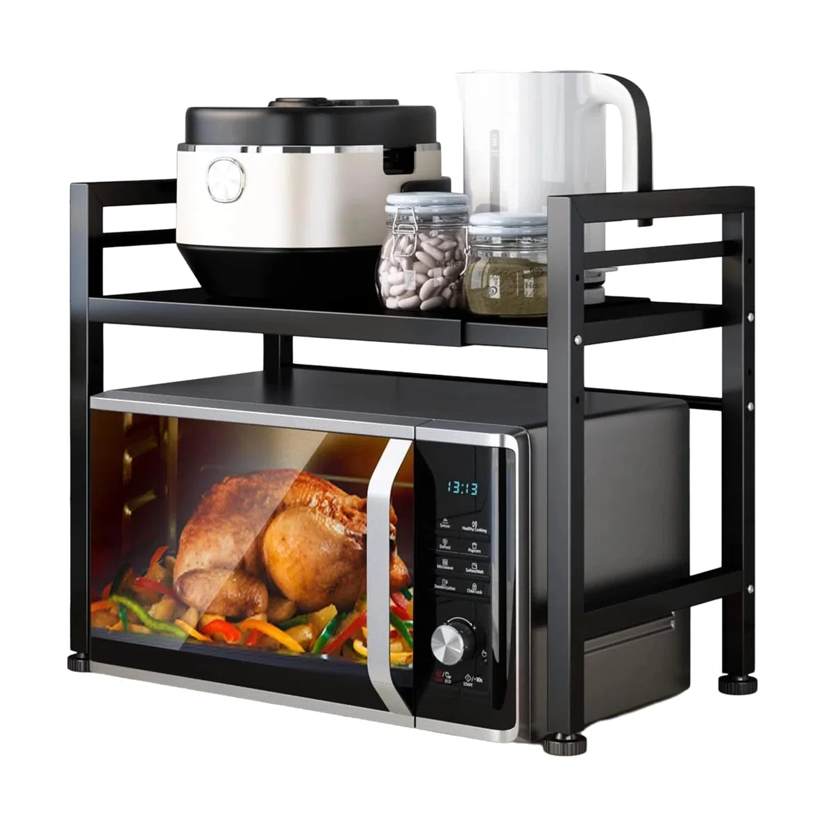 Scaffale espandibile per forno a microonde a 2 ripiani, regolabile in altezza e lunghezza, organizer da cucina, nero (L15. 7-23. 6 x W14. 7 x H 18. 1)