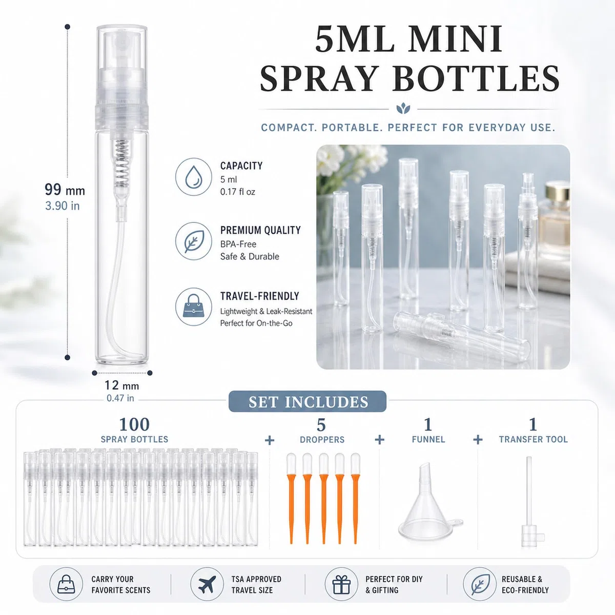 STARVAST 100 Pezzi 5ml Spruzzatore per Profumo, Mini Spruzzatore a Nebbia Fine Trasparente, Spruzzatore Vuoto 5ml, Flaconi per Campioni di Profumo, con Dosatore a Goccia