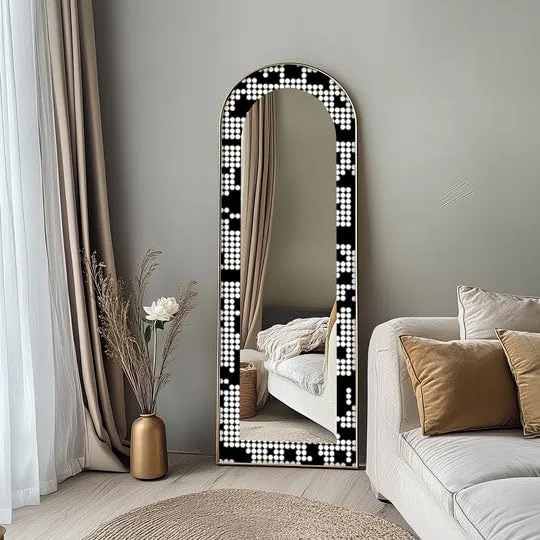Specchio da pavimento a forma di punto monocromatico, lunghezza totale 50,8 cm x 160 cm (larghezza x altezza), specchio da pavimento con cornice nera e cornice nera