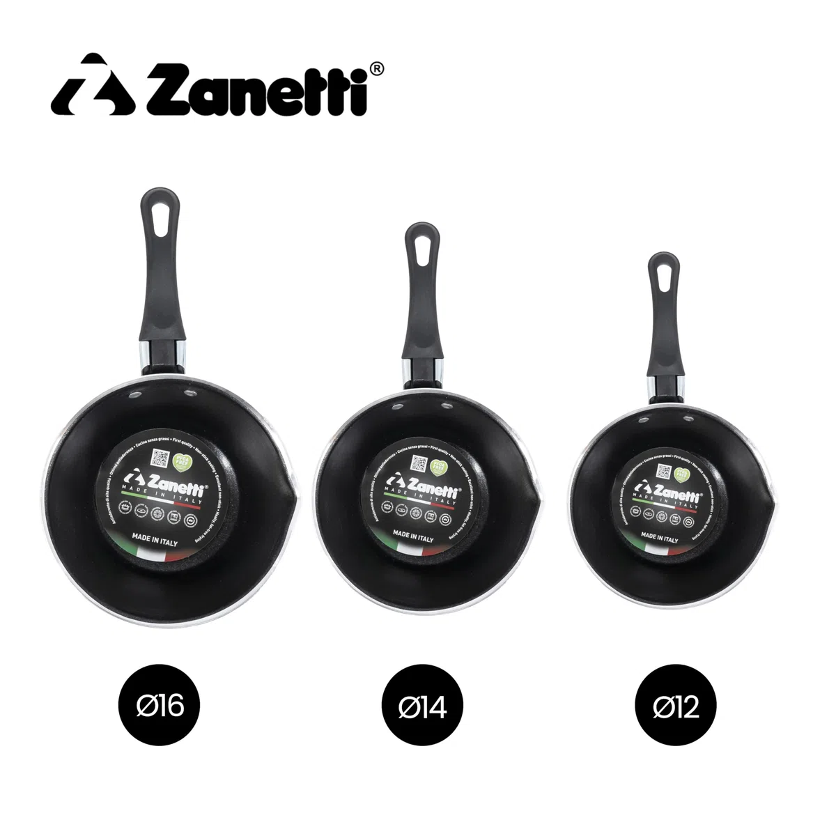 zanetti, Tris di Casseruole Antiaderenti Coniche, Diametri 12 cm, 14 cm, 16 cm, Casseruole con Beccuccio in Alluminio Alimentare, Made in Italy