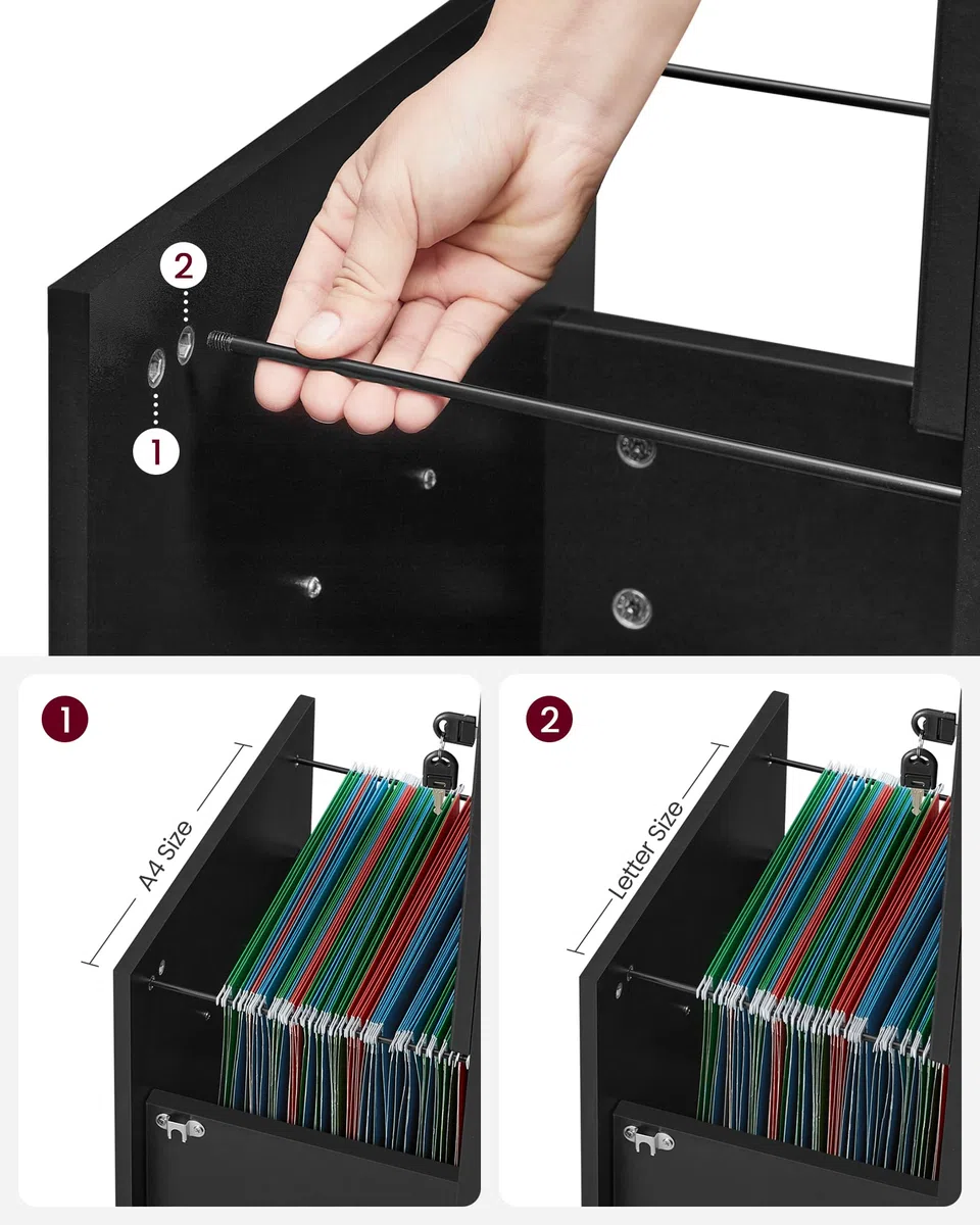VASAGLE Schedario a 2 Cassetti, Mobile da Ufficio con Serratura, Supporto per Stampante, Documenti Formato A4 Letter Cartelle Sospese, Montaggio Richiesto, Nero LCD27BKV1