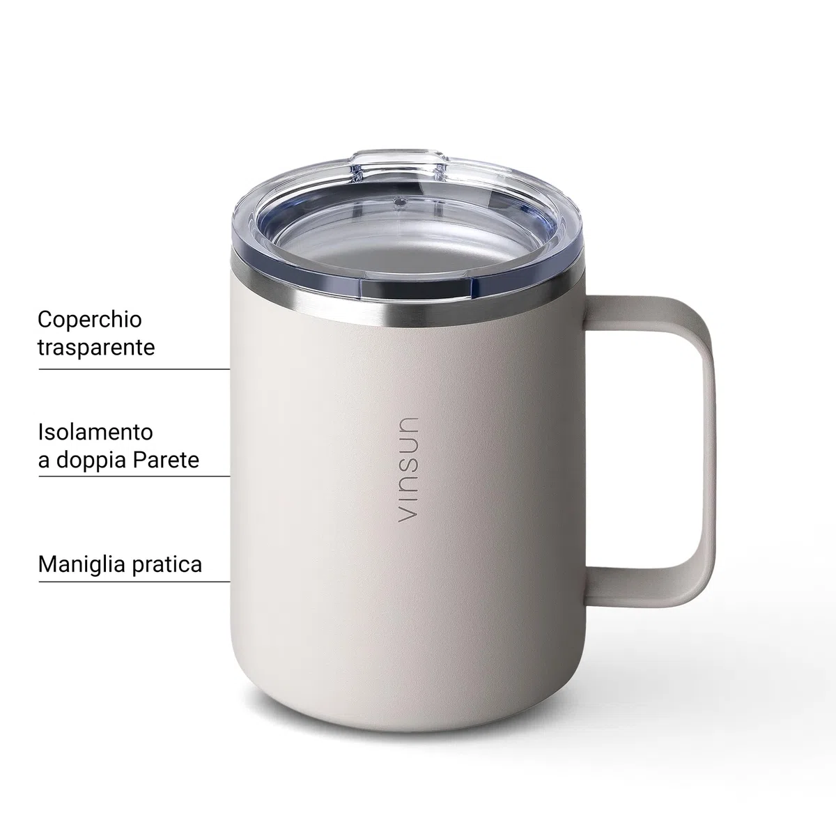 VINSUN Tazza Termica con Manico 350ml - Acciaio Inox, Coperchio Trasparente con Apertura per Bere, Senza BPA - Tazza da Viaggio Caffè per Ufficio, Scuola, Campeggio, Auto