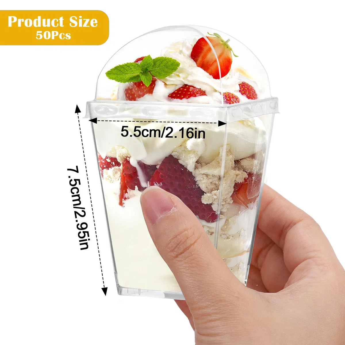 Hejo 50 Pezzi Dessert Bicchieri con Coperchio,160ml Riutilizzabili Bicchieri per Dessert,Ciotoline Monoporzione per Dolci con 50 Cucchiai,Quadrate Coppette Gelato Macedonia Budino
