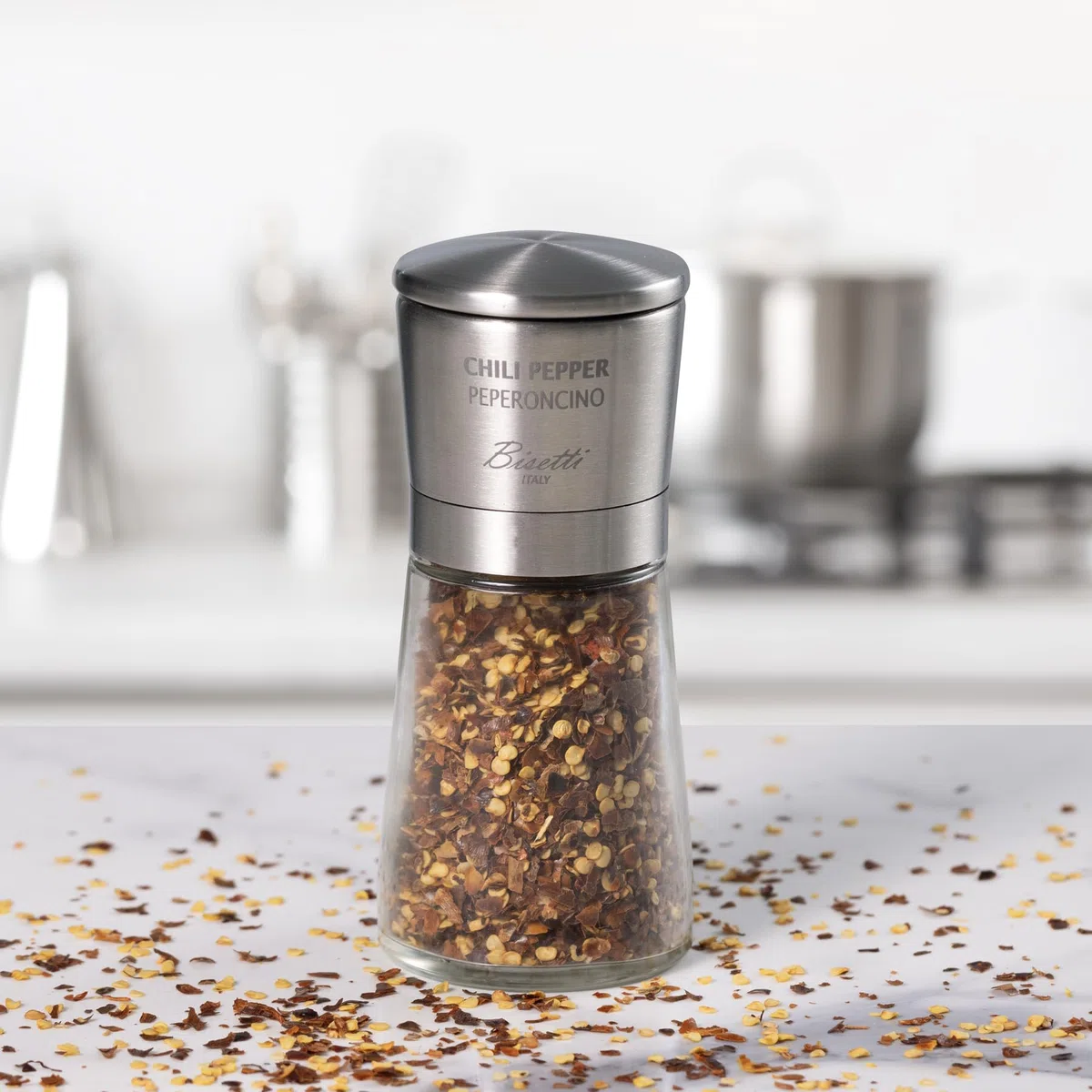 Macina Peperoncino Manuale in Vetro e Acciaio Inossidabile da 14,5 cm, Macina Spezie Manuale La Spezia, Made in Italy, Trita Spezie Resistente, Duraturo e Elegante per la Tua Cucina - BISETTI