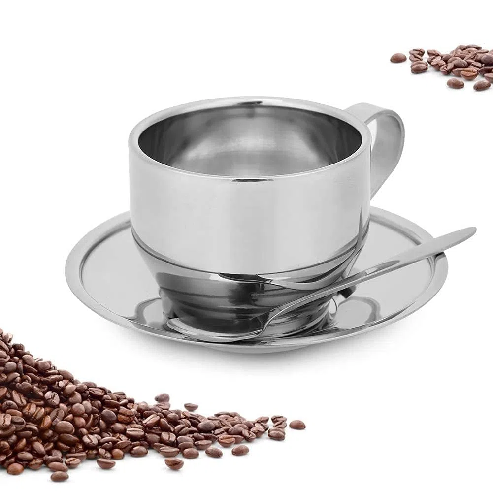 Agatige Set Di Tazza Da Caffè Tazza Da Caffè a Doppia Tazza in Acciaio Inoxparete Da 4 Once Con Piattino E Cucchiaio,Da Caffè Espresso per Tè E Caffè Cappuccino