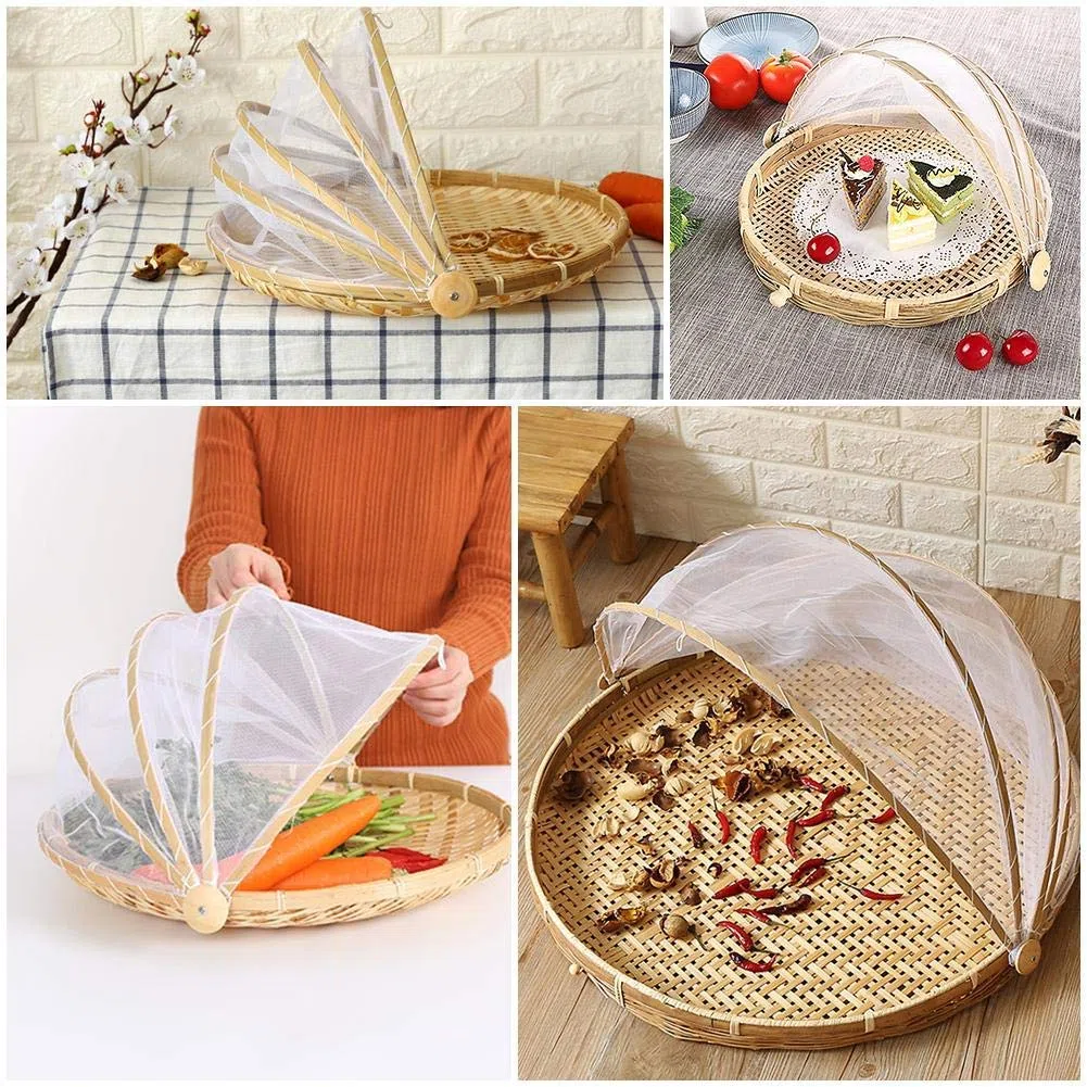 Cestino in bambù intrecciato a mano con copertura in rete, per coprire e servire il cibo, a prova di insetti, antipolvere, per pane, frutta e verdura, Bambù, Stile 3, Dia.30cm