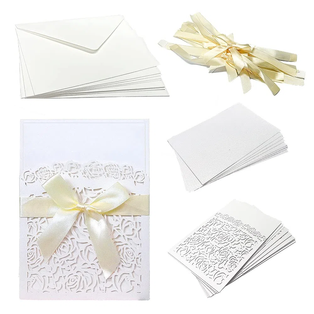 Partecipazioni Matrimonio 10 Pezzi Invito Matrimonio Bianco Biglietti di Invito con Fogli Interni Buste e Nastro, Inviti di Nozze per Compleanno Battesimo Feste