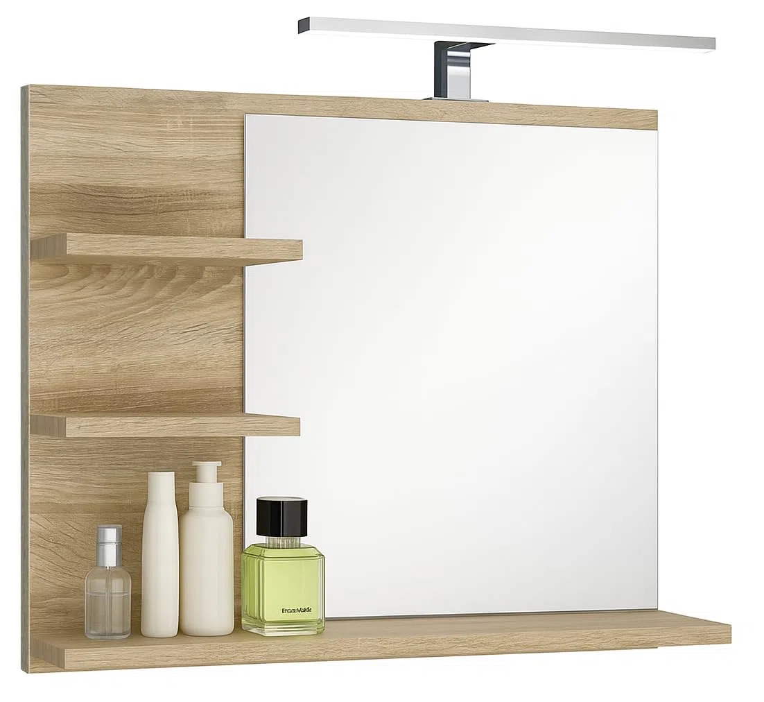 Specchio da bagno con 3 ripiani, sospeso, specchio per corridoio, camera da letto, bagno, Sonoma Oak 60X50 cm - LAMPADA LED - Sinistro