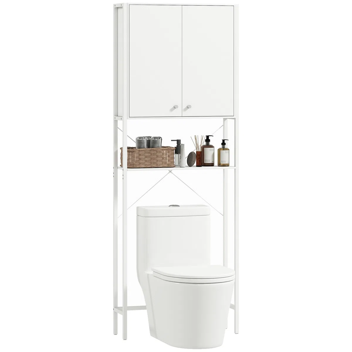 HOMCOM Mobile Bagno Sopra WC con Armadietto e Ripiano Aperto, Mobile Sopra Lavatrice Salvaspazio con Gambe in Metallo, per Bagno e Lavanderia, 64x20x180 cm, Bianco