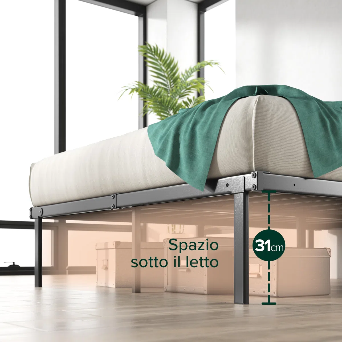Zinus Caleb Rete Matrimoniale 160x190 cm - Struttura Letto con Doghe in Metallo Incluse - Altezza 36 cm con Spazio Sottostante - Facile da Montare - Nero