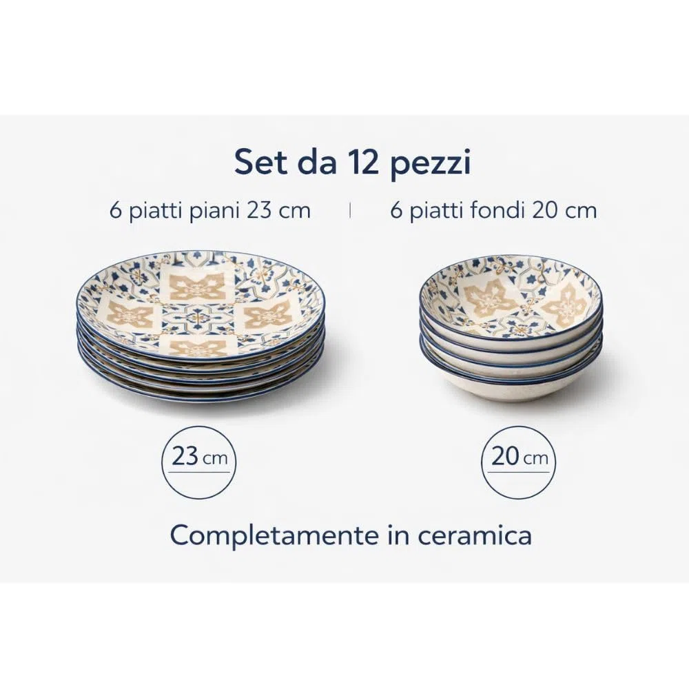 Servizio Piatti 12 Pezzi in Ceramica Cecaro Group – Fantasia Maiolica Blu – Set Tavola Design Elegante – Lavastoviglie e Microonde