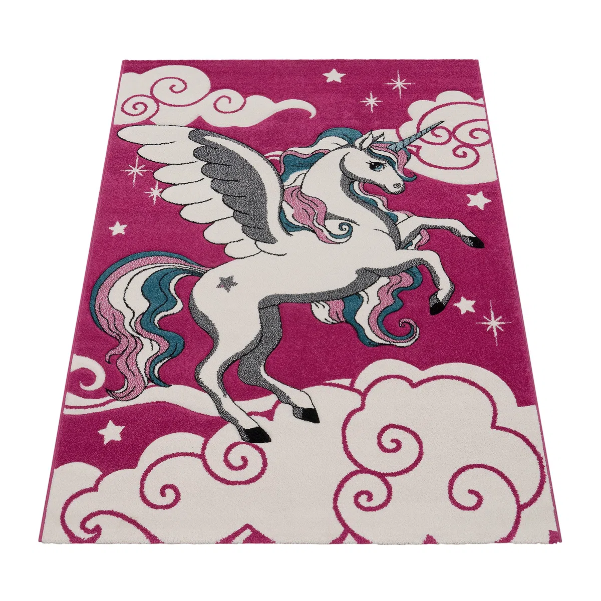 Paco Home Tappeto Per Cameretta Il Piccolo Unicorno Alato Nei Colori Fuchsia Bianco Turchese, Dimensione:80x150 cm