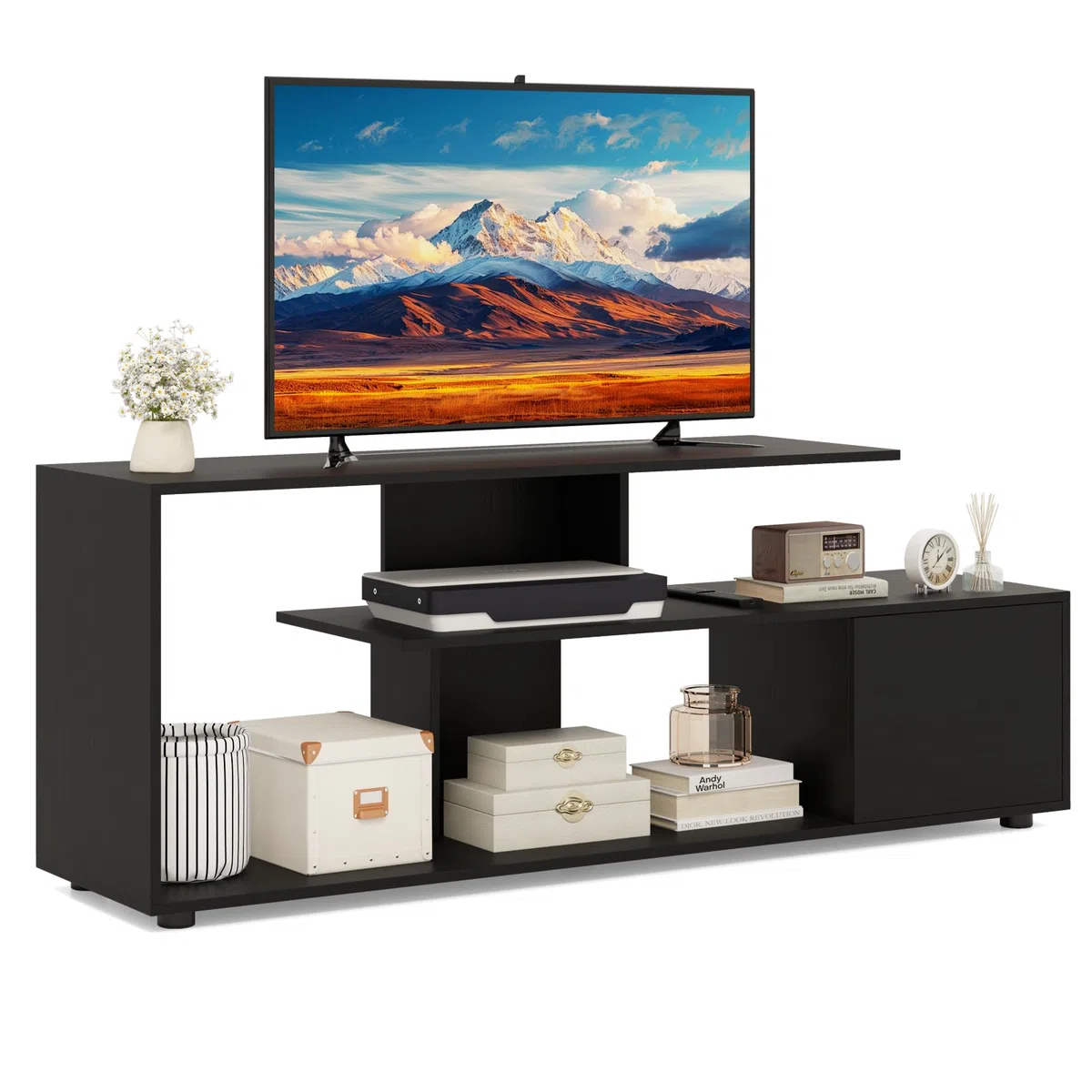 COSTWAY Mobile Porta TV, per TV Fino a 55'', Console Media a 3 Ripiani Asimmetrici con Ripiani di Stoccaggio e Armadietto, Mobile TV con Cassetto, 5 Gambe di Supporto (Nero)