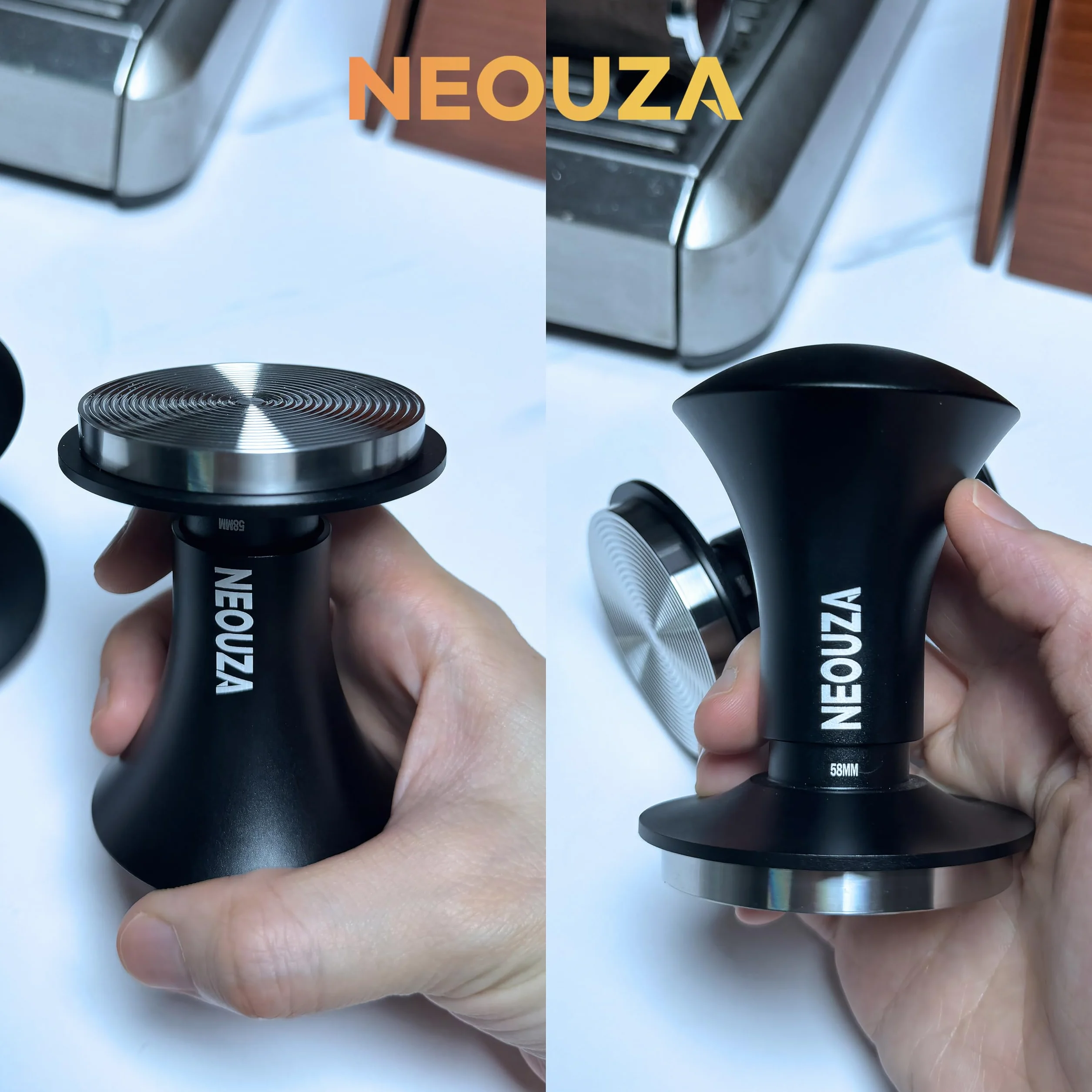 NEOUZA, tamper per espresso V2 a doppia molla calibrata per portafiltro della macchina da caffè, antideflessione da pressione, manico raffinato, base in acciaio ondulata (53,3 mm)