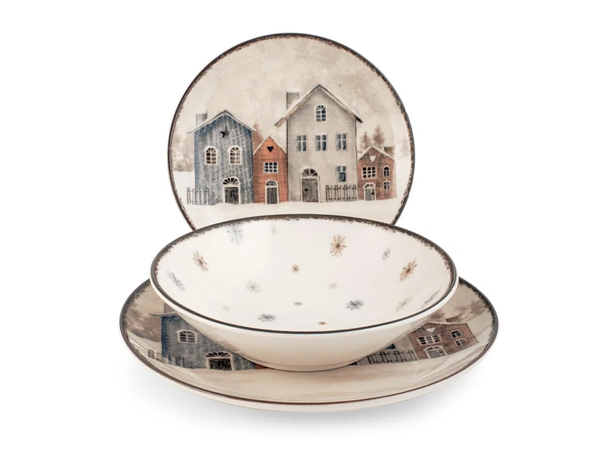 H&H, Servizio tavola 18 pezzi Snowland, set tavola natalizio in stoneware, lavabile in lavastoviglie