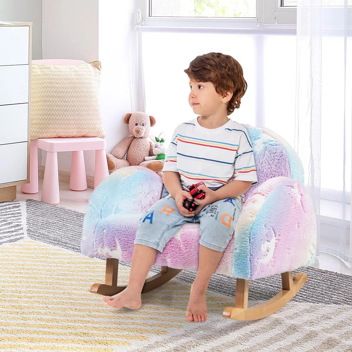 GYMAX Sedia a Dondolo per Bambini, Divanetto Brillante al Buio, Poltroncina Imbottita in Flanella con Gambe in Legno Massello, per Camera da Letto, Sala Giochi, Asilo Nido, 3-5 Anni