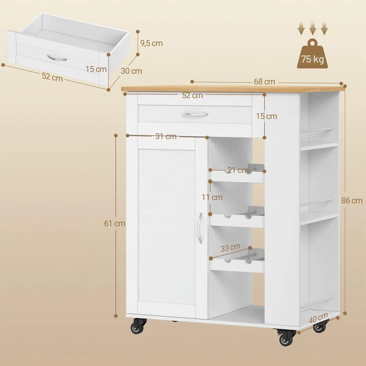 Hzuaneri Carrello Cucina, Mobile Cucina, Scaffale 3 Ripiani con Espositore per Vino, Mobile Multifunzione con Ruote, per Cucina, Soggiorno e Sala da Pranzo, 40 x 68 x 86 cm, Bianco ST03003W