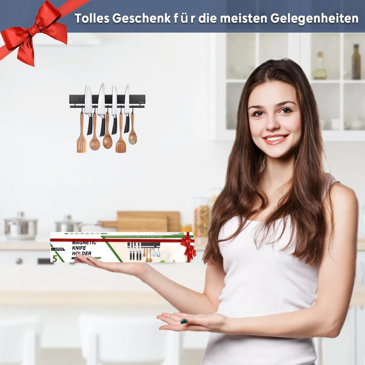 Dmore Supporto Magnetico per Coltelli da 30 cm Con 5 Ganci - Barra Nera Autoadesiva per Utensili Con Nastro e Viti