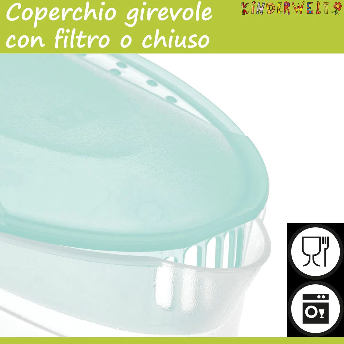 KiNDERWELT Caraffa per succo da 2 litri, in plastica, con coperchio, con inserto per frutta e scala, per porta del frigorifero, caraffa per acqua per bevande fredde come succo, tè freddo