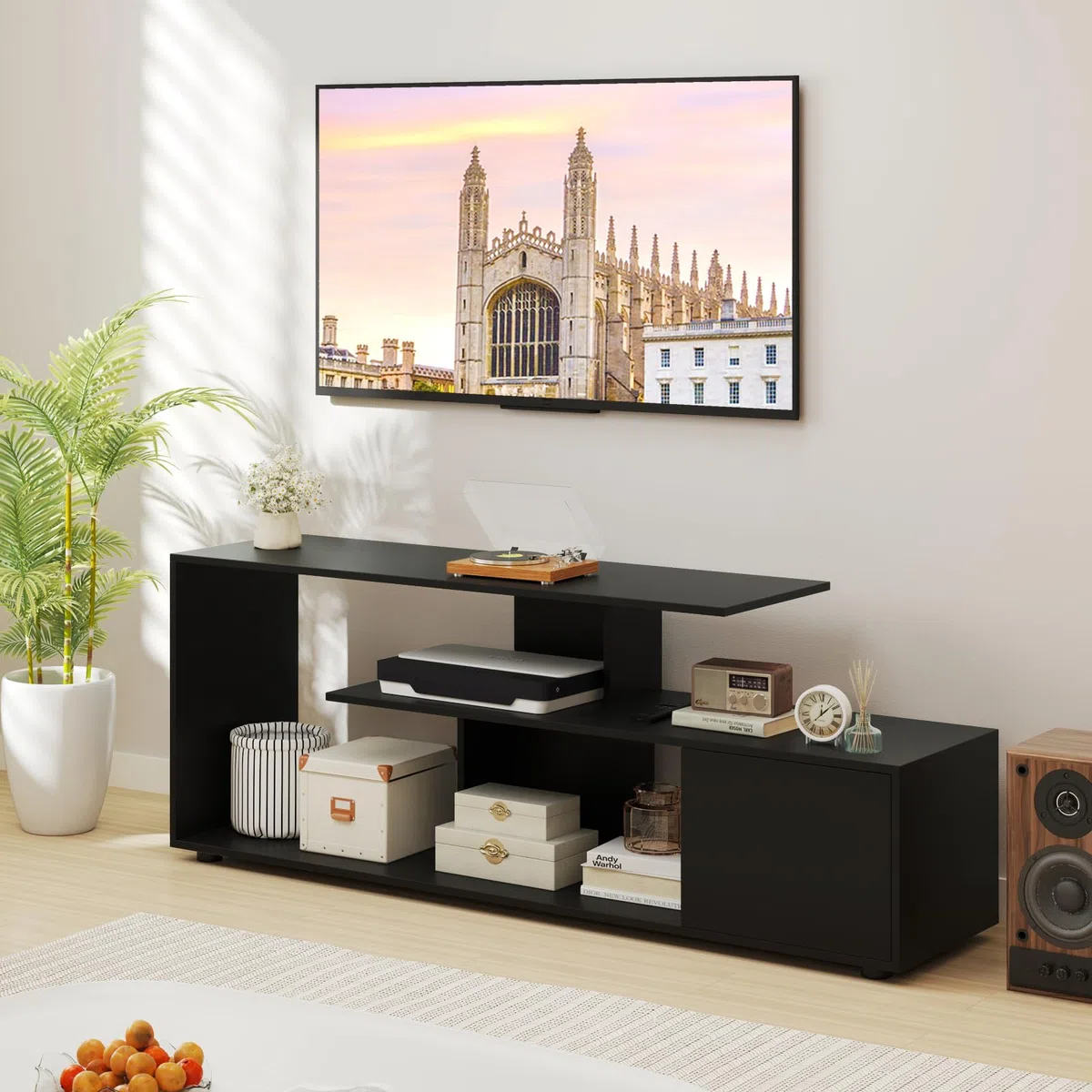 COSTWAY Mobile Porta TV, per TV Fino a 55'', Console Media a 3 Ripiani Asimmetrici con Ripiani di Stoccaggio e Armadietto, Mobile TV con Cassetto, 5 Gambe di Supporto (Nero)