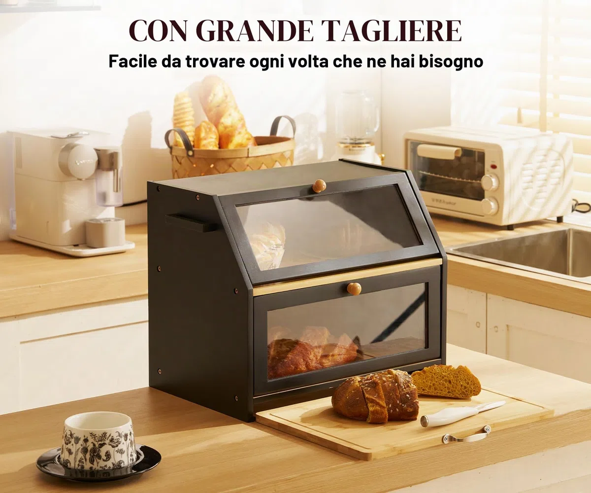 YOUDENOVA Cestino per il pane ecologico in bambù con tagliere, contenitore per pane da cucina, contenitore per pane tostato, nero, 39 x 26 x 32,5 cm (lunghezza x larghezza x altezza)