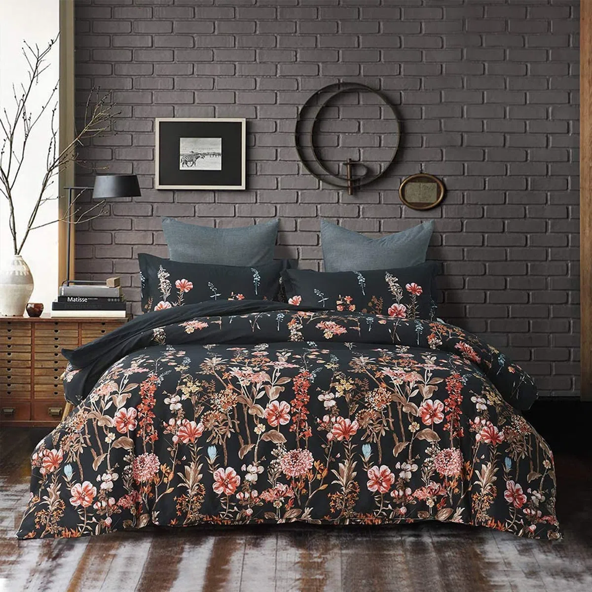 FANSU Copripiumino Matrimoniale 240x220cm - Nero Stampa Fiore Set Parure Copripiumino Matrimoniale in 100% Microfibra 3 Pezzi con 2 Federa(50x75CM) cme Chiusura a Cerniera