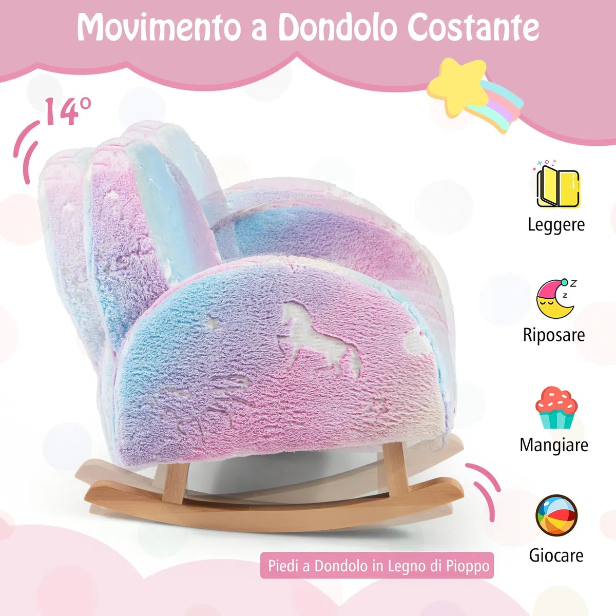 GYMAX Sedia a Dondolo per Bambini, Divanetto Brillante al Buio, Poltroncina Imbottita in Flanella con Gambe in Legno Massello, per Camera da Letto, Sala Giochi, Asilo Nido, 3-5 Anni