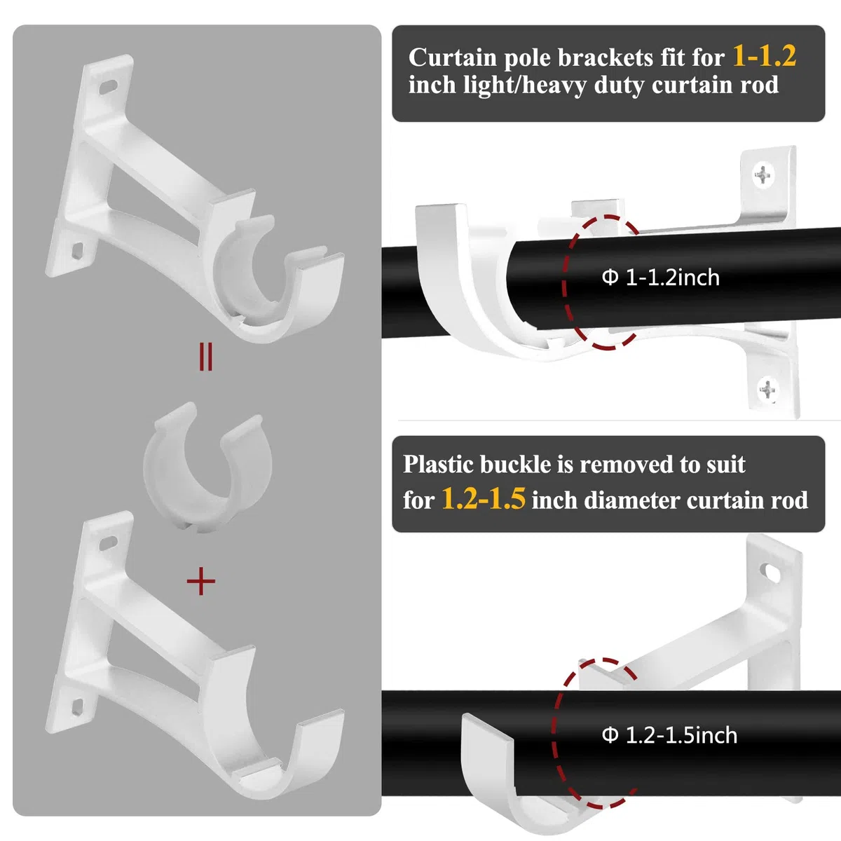 TOKPLNU Set di 6 supporti per aste per tende, robusti supporti per aste per tende, in lega di alluminio, con fibbia in plastica per aste da 25 mm a