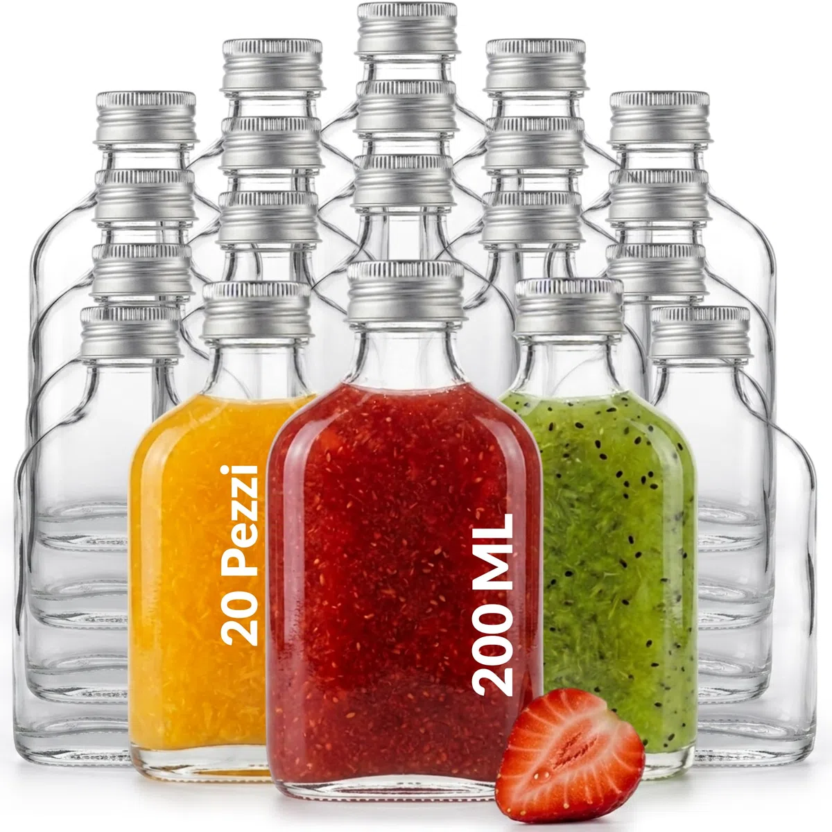 20 Fiaschette Vetro 200ml – Bottiglie Vetro 200 ml Piccole con Tappo a Vite – Bottigliette Trasparente Cristallo