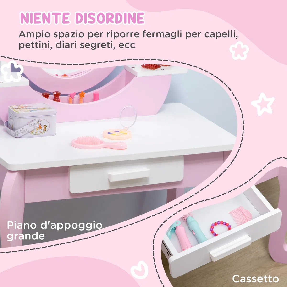 ZONEKIZ Set Toeletta Trucco per Bambini, Tavolino da Trucco con Specchi e Sgabello per Bambini, Età 3-6 Anni, Rosa